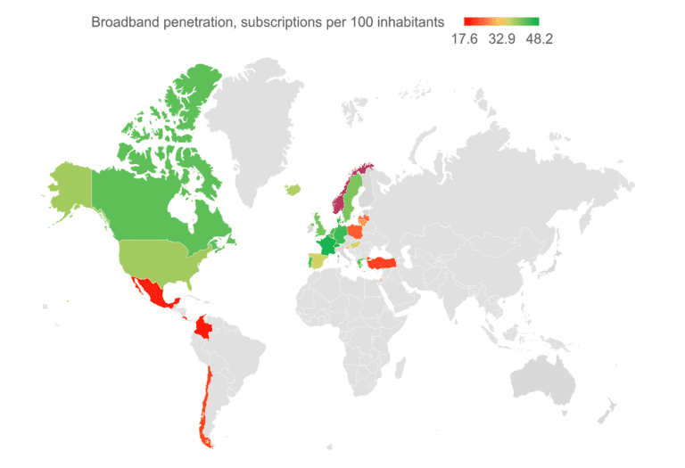 Map of broadband penetration rate by country